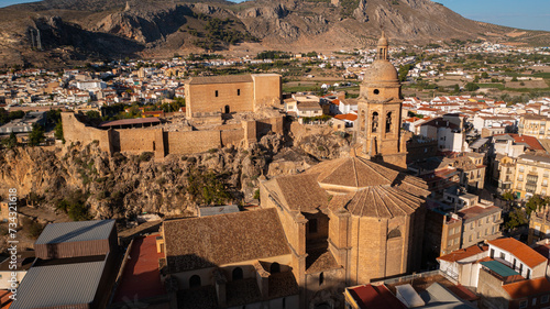 Aerial photo from drone to city of Loja and Church of the Incarnation with Moorish Alcazaba and Gorda Peak .Loja ,Granada, Andalusia, Spain, Europe (Series)