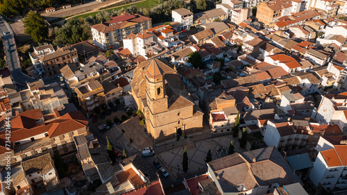 Aerial photo from drone to city of Loja and Church of the Incarnation with Moorish Alcazaba and Gorda Peak .Loja ,Granada, Andalusia, Spain, Europe (Series)