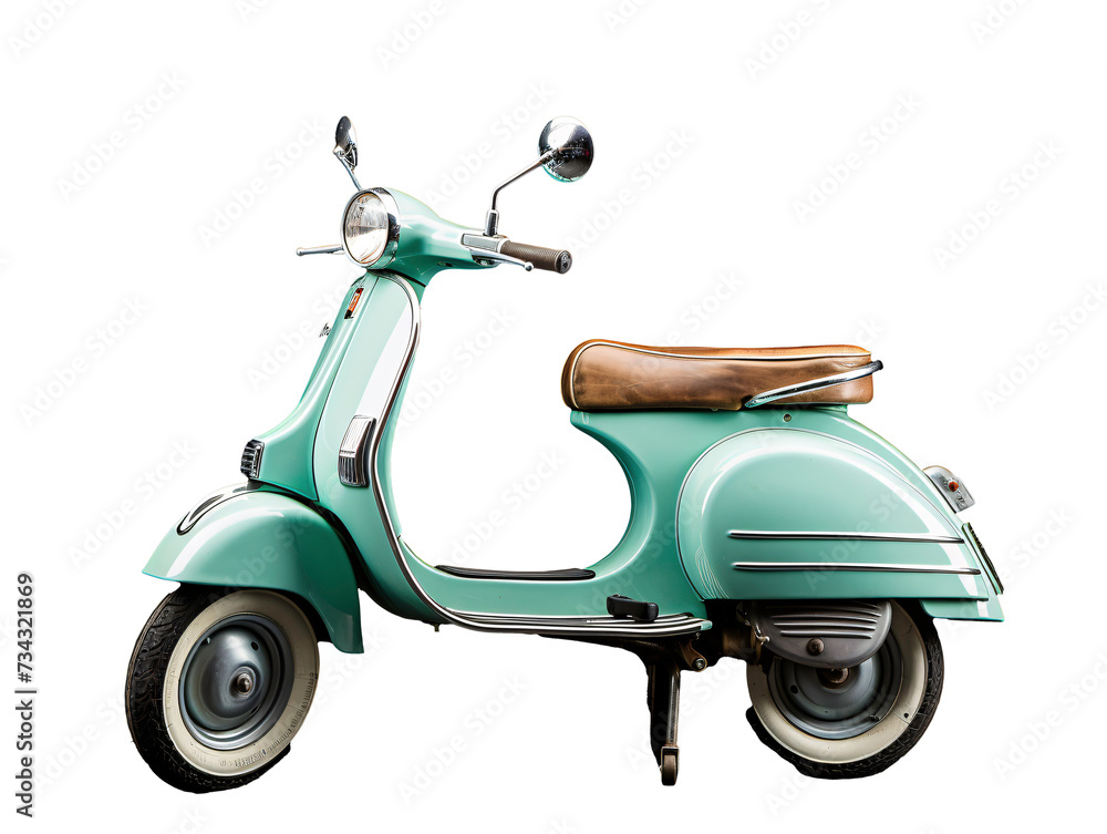 a blue scooter with a brown seat