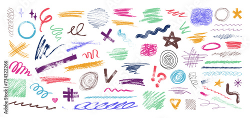 Hand drawn scribble, squiggles, curly lines, doodles drawn with a brush, felt-tip pen, chalk, charcoal, pen and pencil. Graphic box scribble and squiggles. Colorful set doodles elements. Vector photo