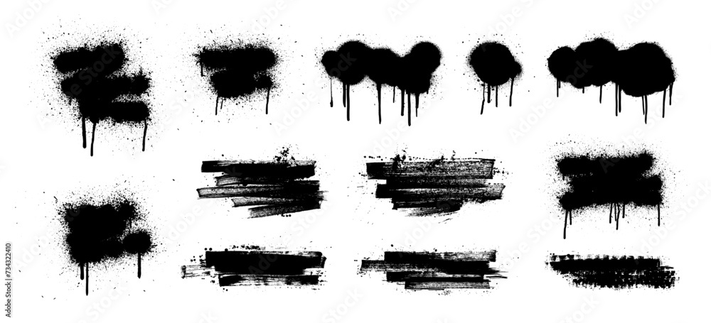 Black dried paint with splashes, dirty textured brush strokes, ink stencils for graphic design, text fields. Grunge frame callouts for text, Artistic template texture of ink brush strokes. Vector - obrazy, fototapety, plakaty 
