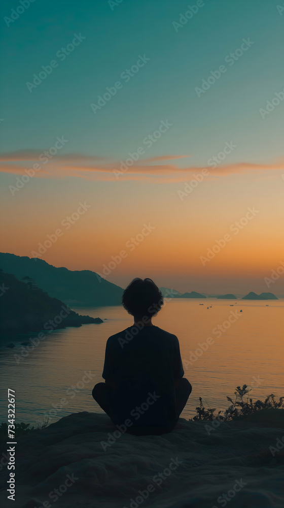 Person sitting peacefully on a hill overlooking the sea at sunset, with distant hills and a calm sea Person sitting peacefully on a hill overlooking the sea at sunset, with distant hills and a calm sea