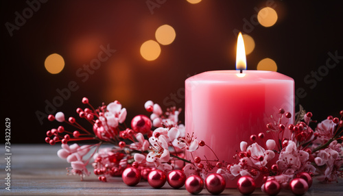 Candle flame glowing, illuminating winter celebration, Christian decoration generated by AI