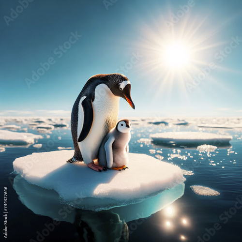 Penguin and chick on a tiny floating patch of ice surrounded by ocean