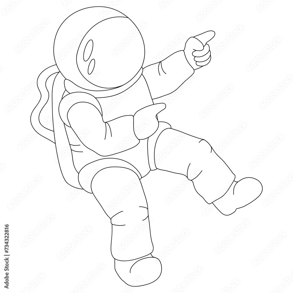 Cartoon astronaut flying in space. Vector illustration for coloring book, children entertainment, print. Black and white.