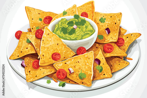 Plate of nachos with guacamole isolated vector style