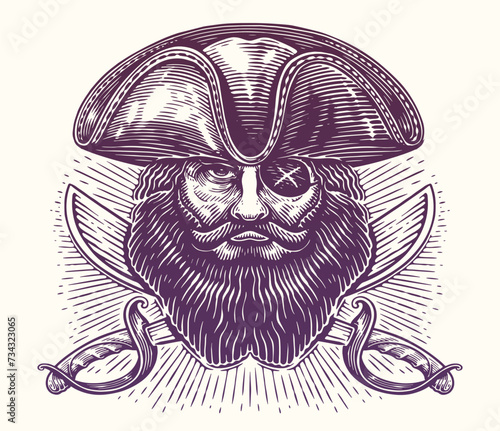 Hand drawn head and saber of a pirate captain. Vintage sketch vector illustration