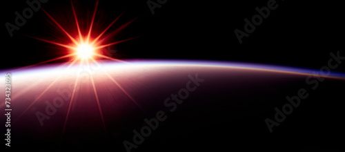 Sunrise seen from space, Earth orbit atmosphere. View of the Earth from space, curvature of the horizon. 3d rendering photo