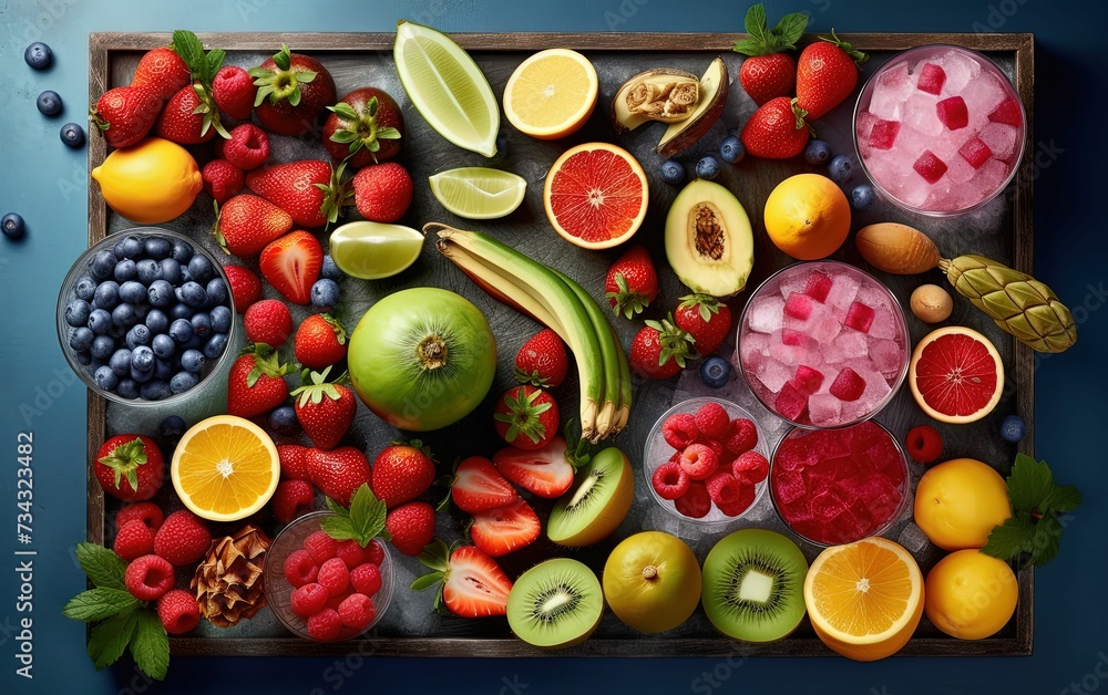 Φωτογραφία AI generated illustration of a wooden tray with a selection of colorful fruits a
