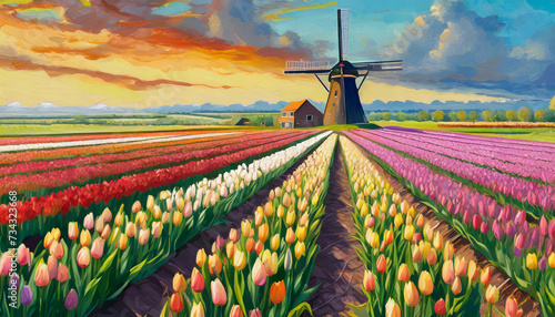 windmill in the tulip field at sunset, art design #734323668