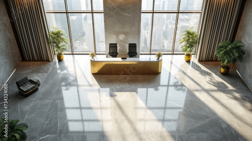 Sleek reception area with golden desk and floor-to-ceiling windows. Corporate luxury. Generative AI