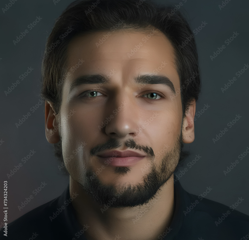 Obraz premium A serious-looking guy with dark hair and a handsome expression in a close-up portrait
