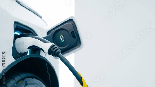 Generative AI : E-mobility, Electric vehicle charging, Electric car charging station on white background