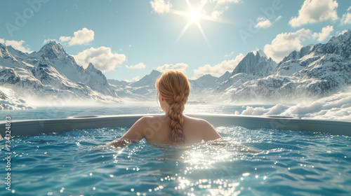 A woman is enjoying a hot pool spa retreat with snowy mountain scenery in winter, with steam rising from the water. Ai generative © ImageFlow