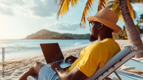 A man is working on a laptop on a beach chair by the ocean, encapsulating a freelance and nomadic lifestyle. Ai generative