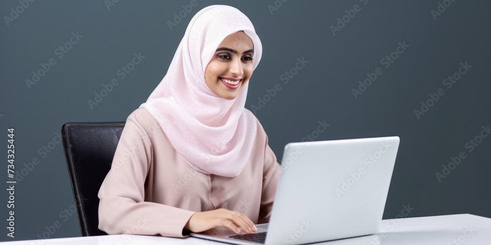 Confident muslim woman in light hijab using laptop at office desk. Empowerment and career concept. Generative AI Confident muslim woman in light hijab using laptop at office desk. Empowerment and career concept. Generative AI