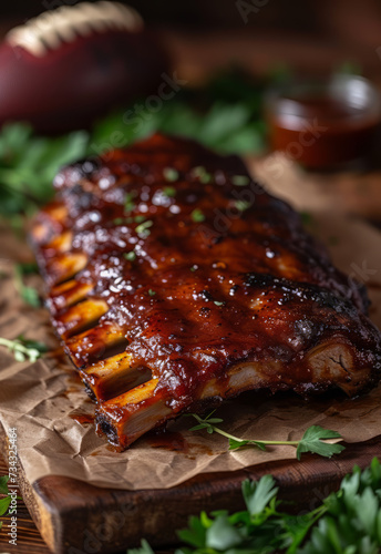 Bbq ribs, football in the background