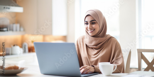 Cheerful woman in light hijab using laptop in a well-lit kitchen, freelance work concept. Generative AI