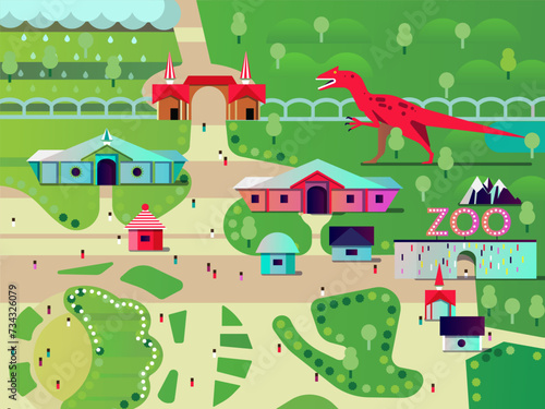 Fototapeta Naklejka Na Ścianę i Meble -  Park with pavilions, dinosaur and zoo 