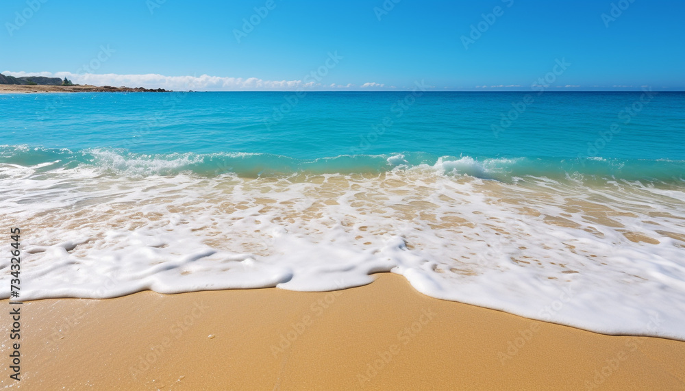 Fototapeta premium Tranquil summer coastline, turquoise wave reflects bright sunset sky generated by AI