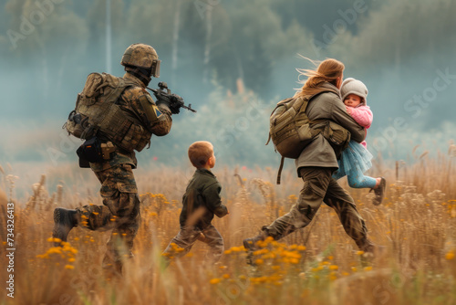 Military rescue of hostages, a woman with a child in her arms and a little boy are running accompanied by a military man with a weapon across the field, scenes of war, civil defense day photo