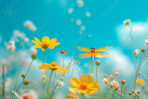 Wild yellow flowers and dragonflies on a meadow in nature in the rays of sunlight against the sky in summer or spring. Scenic summer art background with soft focus, low angle