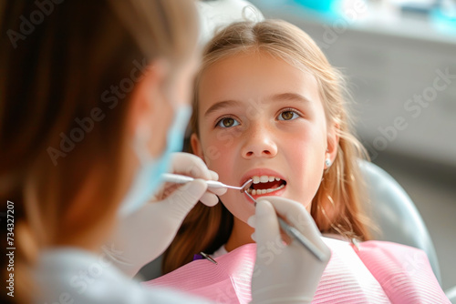 Dentist performing dental examination on teenage girl in medical clinic, close-up