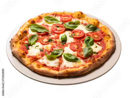 a pizza with tomatoes and basil on a plate