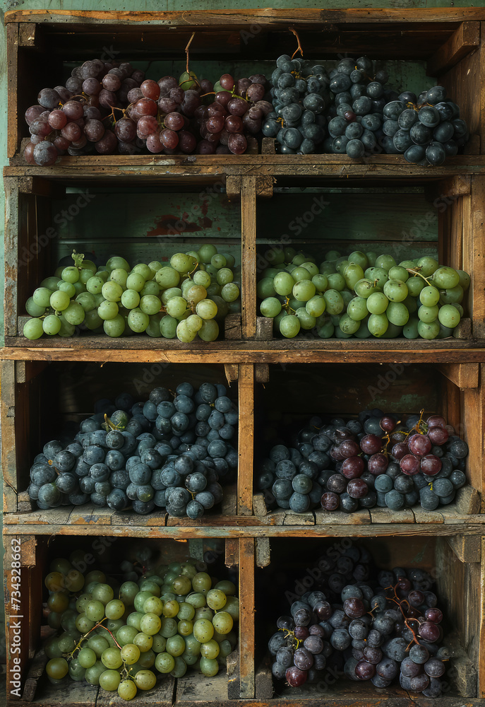 Green and black grapes, stacked in vintage wooden transport crates