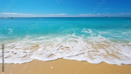 Tropical coastline  turquoise wave reflects sunset over tranquil waters generated by AI