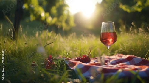Closeup of a glass of wine on a picnic blanket in a lush green meadow, generative ai