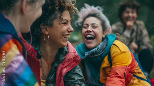 A photo of a group of LGBTQ+ friends enjoying a picnic in the park, with laughter and joy in the air. © Nawarit