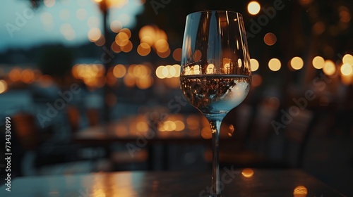 Closeup of a glass of wine on the terrace of a restaurant generative ai