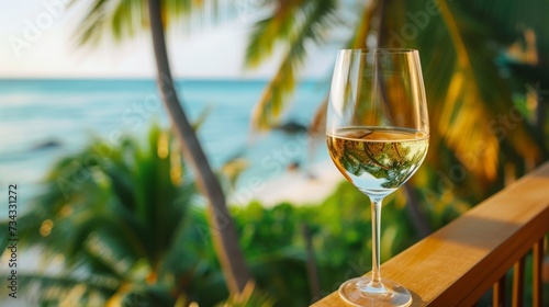 Closeup of a glass of wine on the balcony of a tropical resort  overlooking the ocean  generative ai