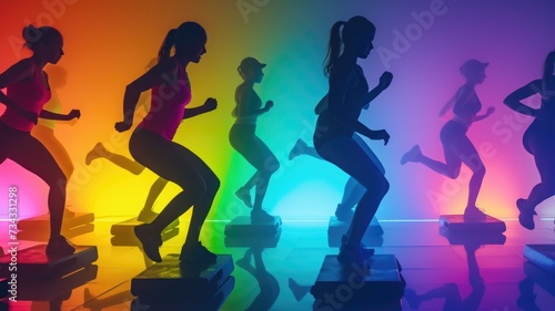 Dynamic Fitness Class with Women Exercising in Vibrant Lights,intense moment of a step aerobics competition
