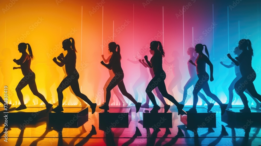 Dynamic Fitness Class with Women Exercising in Vibrant Lights,intense moment of a step aerobics competition Dynamic Fitness Class with Women Exercising in Vibrant Lights,intense moment of a step aerobics competition