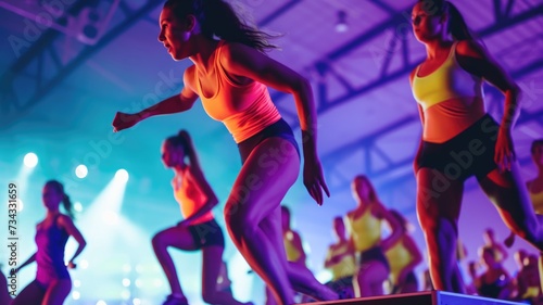 Dynamic Fitness Class with Women Exercising in Vibrant Lights,intense moment of a step aerobics competition photo