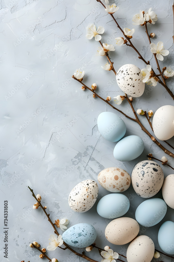 Easter eggs and spring flowers on a marble background. Top view with copy space.Spring Awakening: Easter Eggs and Blossoms on a Textured Surface