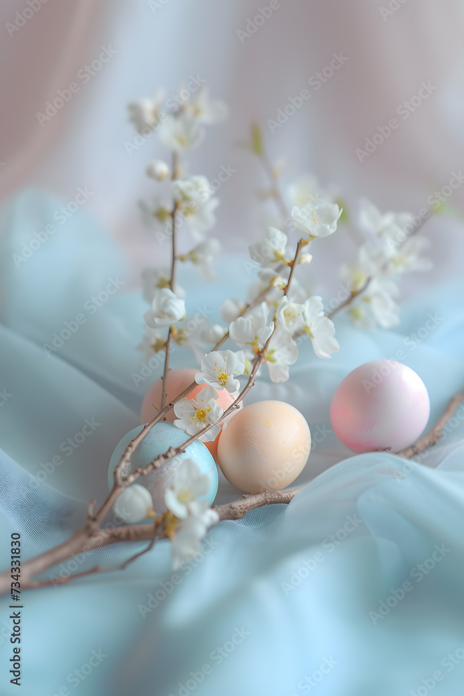 Easter eggs and spring flowers on a marble background. Top view with copy space.Spring Awakening: Easter Eggs and Blossoms on a Textured Surface Easter eggs and spring flowers on a marble background. Top view with copy space.Spring Awakening: Easter Eggs and Blossoms on a Textured Surface