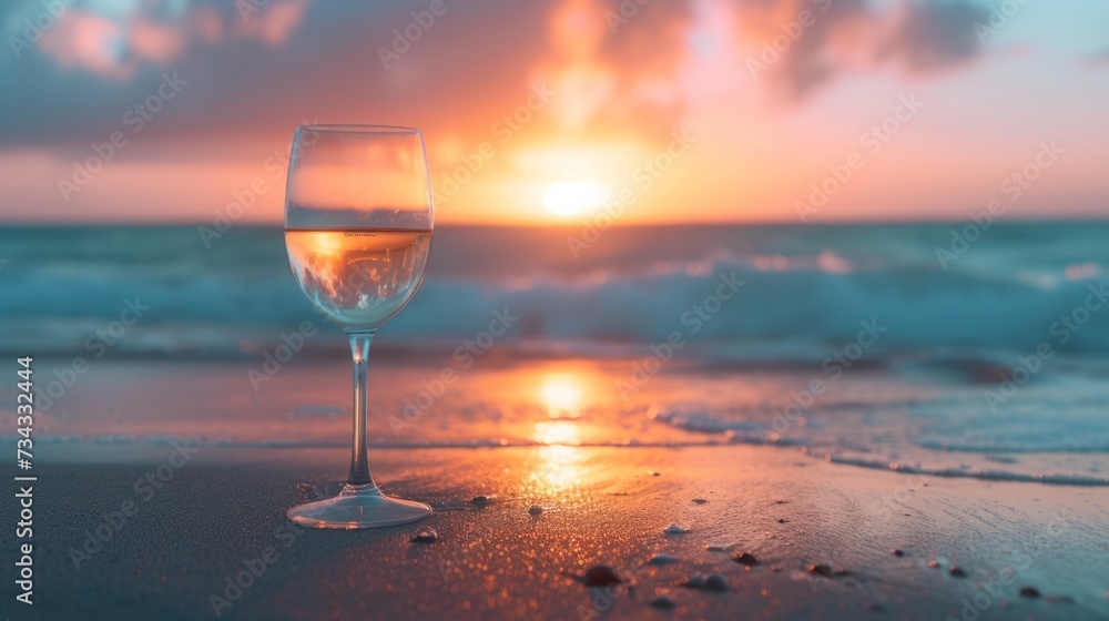 Elegant glass of wine in front of a stunning beach sunset, generative ai Elegant glass of wine in front of a stunning beach sunset, generative ai