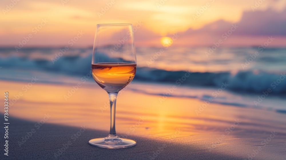 Elegant glass of wine in front of a stunning beach sunset, generative ai