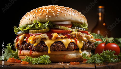 Grilled gourmet burger with cheese  tomato  and fresh vegetables generated by AI