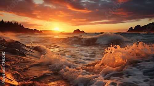 Le soleil se couche lentement sur l'horizon orangé, baignant la plage de ses derniers rayons. Des mouettes planent au-dessus des vagues calmes, accompagnées par le murmure apaisant de l'océan. photo