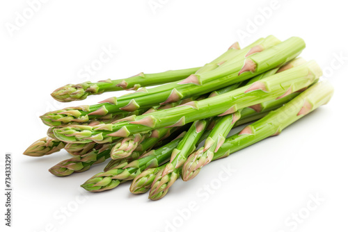 A high-quality image showcasing fresh, green asparagus spears neatly arranged against a clean, white background. Ideal for culinary content and health and wellness themes.