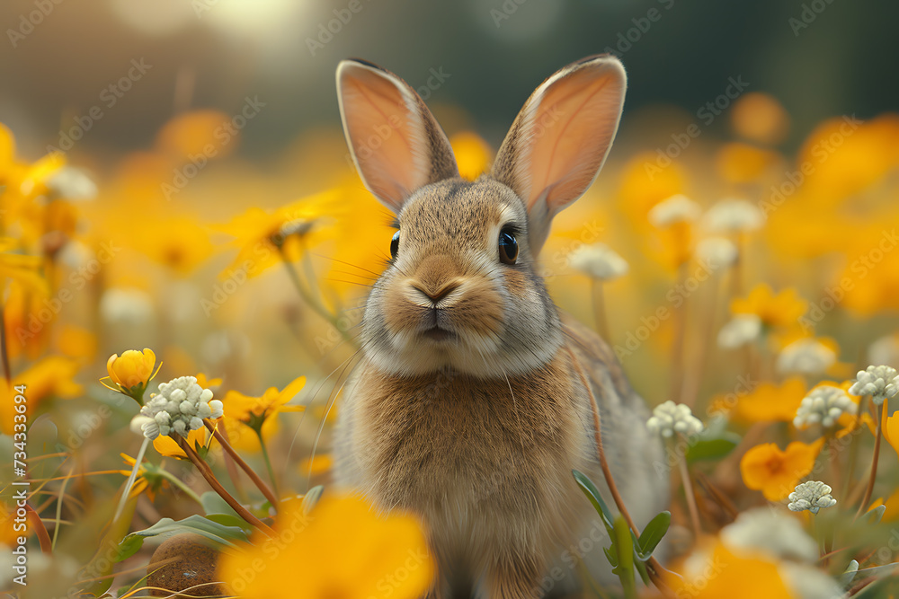 Rabbit in the meadow with spring flowers. Spring background.Sunlit Bunny Amidst Blooming Flowers Rabbit in the meadow with spring flowers. Spring background.Sunlit Bunny Amidst Blooming Flowers