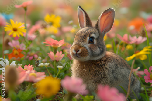 Rabbit in the meadow with spring flowers. Spring background.Sunlit Bunny Amidst Blooming Flowers
