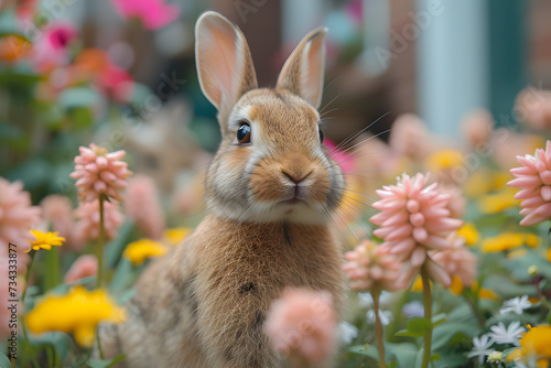Rabbit in the meadow with spring flowers. Spring background.Sunlit Bunny Amidst Blooming Flowers