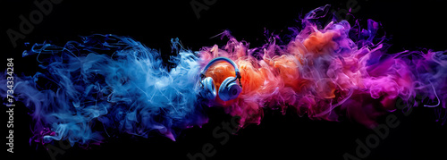 Obraz na płótnie Multicolored paint-splatter headphones dynamic music blaster on colored background