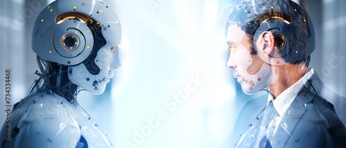 Man and robot portraits double exposure, copy space. Ai generative illustration photo