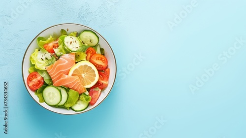 Green healthy salad with salmon with copy space. top view